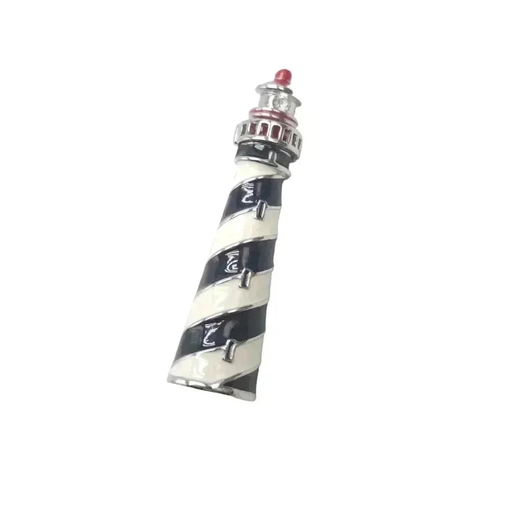 Navy Blue White Red Enamel Lighthouse Brooch Pin Silver Tone Vintage P.S. CO